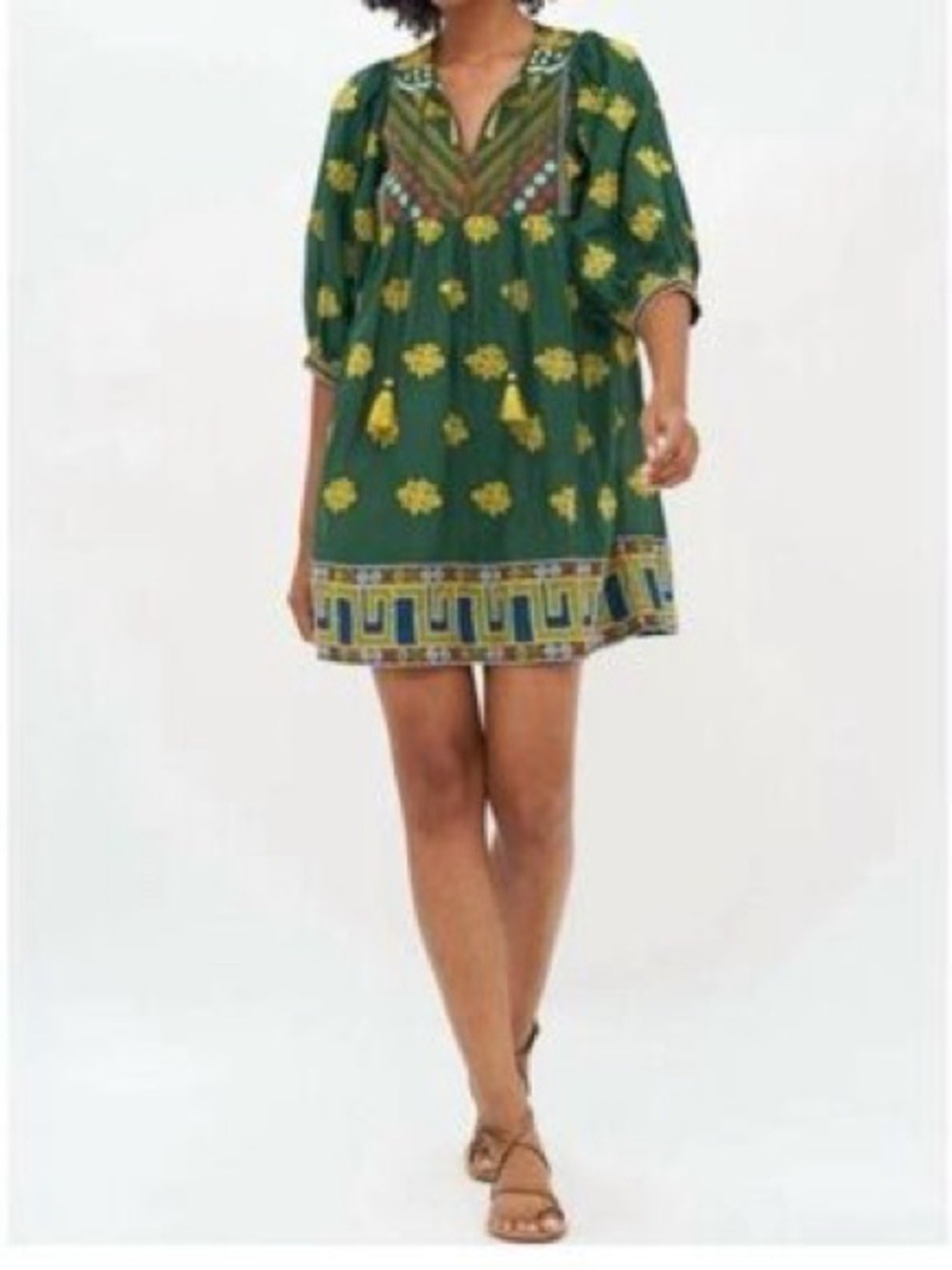 Oliphant Women’s Green Embroidered Boho Balloon Sleeve Tunic Mini Dress L